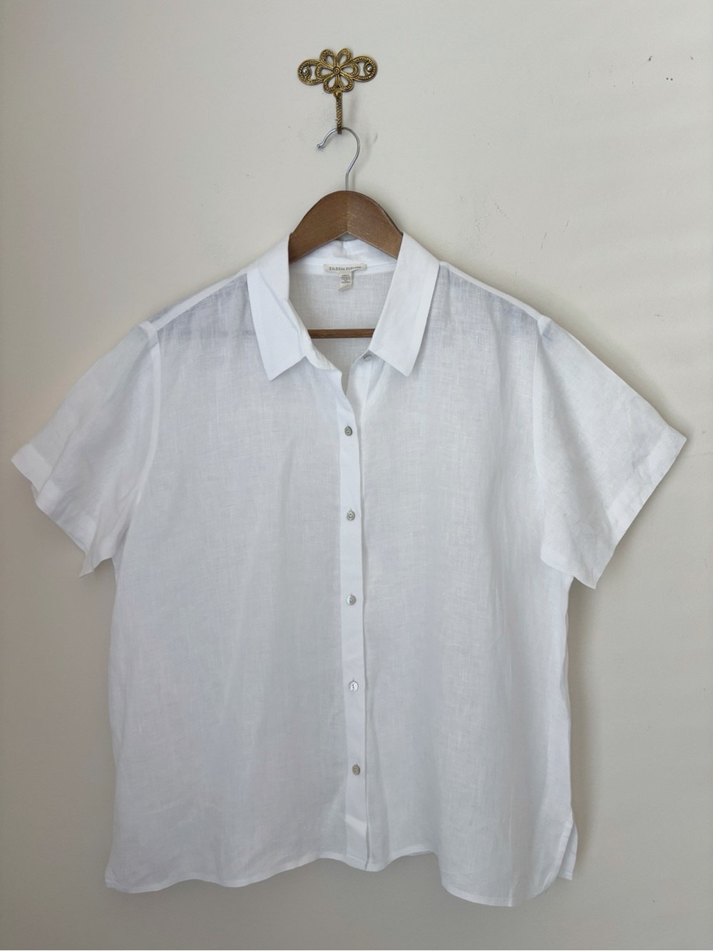 Eileen Fisher White Organic Linen Short Sleeve Shirt Large